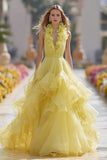 Light Yellow Tiered Maxi Prom Dress with Ruffles