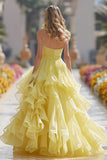 Light Yellow Tiered Maxi Prom Dress with Ruffles