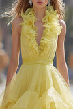 Light Yellow Tiered Maxi Prom Dress with Ruffles