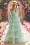 Mint Green Princess Tiered Long Ruffled Prom Dress with Pleats