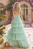 Mint Green Princess Tiered Long Ruffled Prom Dress with Pleats