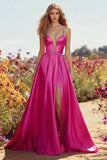 Sparkly Fuchsia A-Line Maxi Prom Dress with Slit