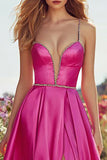 Sparkly Fuchsia A-Line Maxi Prom Dress with Slit
