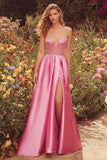 Sparkly Pink Beaded A-Line Long Prom Dress with Slit
