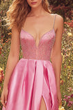Sparkly Pink Beaded A-Line Long Prom Dress with Slit
