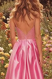 Sparkly Pink Beaded A-Line Long Prom Dress with Slit