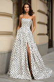 Black and White Polka Dots Strapless A-Line Long Prom Dress with Slit