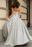 Black and White Polka Dots Strapless A-Line Long Prom Dress with Slit