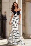 Black and White Mermaid Polka Dots Long Prom Dress with Bow