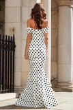 Black and White Mermaid Polka Dots Long Prom Dress with Bow