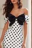 Black and White Mermaid Polka Dots Long Prom Dress with Bow