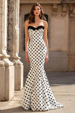 Black and White Mermaid Polka Dots Strapless Long Prom Dress
