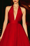 Red A-Line Neck Halter Long Gala Dress