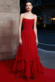 Red Tiered A-Line Long Gala Dress with Ruffles