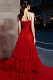 Red Tiered A-Line Long Gala Dress with Ruffles