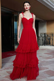 Red Tiered Maxi Gala Dress with Ruffles