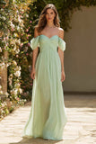 Dusty Sage Long Off the Shoulder A Line Bridesmaid Dress