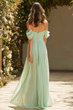 Dusty Sage Long Off the Shoulder A Line Bridesmaid Dress
