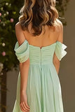 Dusty Sage Long Off the Shoulder A Line Bridesmaid Dress
