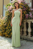 Dusty Sage Sheath Ruched Long Bridesmaid Dress