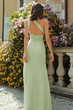 Dusty Sage Sheath Ruched Long Bridesmaid Dress