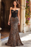 Mermaid Brown Corset Leopard Print Sweetheart Long Prom Dress with Lace
