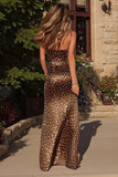 Brown Leopard Print Long Mermaid Prom Dress with Slit