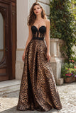 Brown Leopard Print A-Line Long Corset Prom Dress with Lace