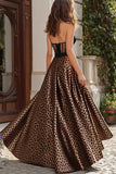 Brown Leopard Print A-Line Long Corset Prom Dress with Lace