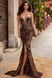 Sparkly Brown Mermaid Leopard Print Long Prom Dress with Rhinestones