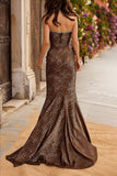 Sparkly Brown Mermaid Leopard Print Long Prom Dress with Rhinestones