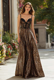 Brown Leopard Print A-Line Long Corset Prom Dress with Lace