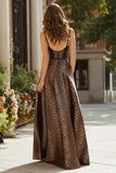 Brown Leopard Print A-Line Long Corset Prom Dress with Lace