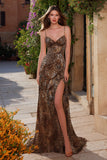 Brown Spaghetti Straps Leopard Print Long Prom Dress with Slit