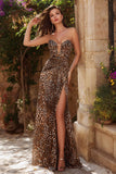 Brown Leopard Print Mermaid Long Prom Dress with Slit