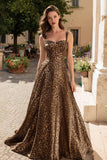 Brown Leopard Print A-Line Thick Straps Long Prom Dress