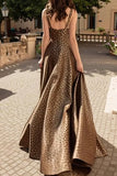 Brown Leopard Print A-Line Thick Straps Long Prom Dress