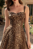 Brown Leopard Print A-Line Thick Straps Long Prom Dress