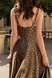 Brown Leopard Print A-Line Thick Straps Long Prom Dress