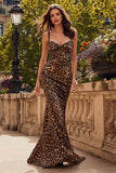 Brown Leopard Print Spaghetti Straps Mermaid Cut Out Long Prom Dress
