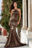 Brown Cross Halter Neck Leopard Print Long Prom Dress