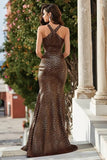 Brown Cross Halter Neck Leopard Print Long Prom Dress