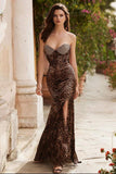 Sparkly Brown Sweetheart Leopard Print Long Prom Dress with Slit