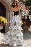 Black and White Polka Dots Ruffled Sweetheart Long Tiered Prom Dress with Slit