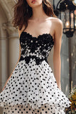 Black and White Polka Dots Ruffled Sweetheart Long Tiered Prom Dress with Slit