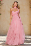 Pink Neck Scarf A Line Long Sweetheart Prom Dress