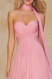 Pink Neck Scarf A Line Long Sweetheart Prom Dress