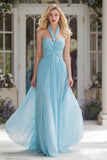 Sparkly Sky Blue Halter Neck A Line Long Prom Dress