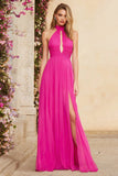 Fuchsia Halter A Line Long Ruched Prom Dress with Slit