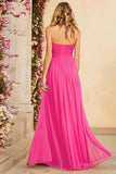 Fuchsia Halter A Line Long Ruched Prom Dress with Slit